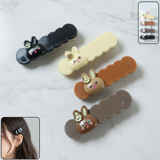 Set of four cute bunny cartoon decorative hair clips by Wukusy, featuring playful bunny designs for girls' hairstyles.
