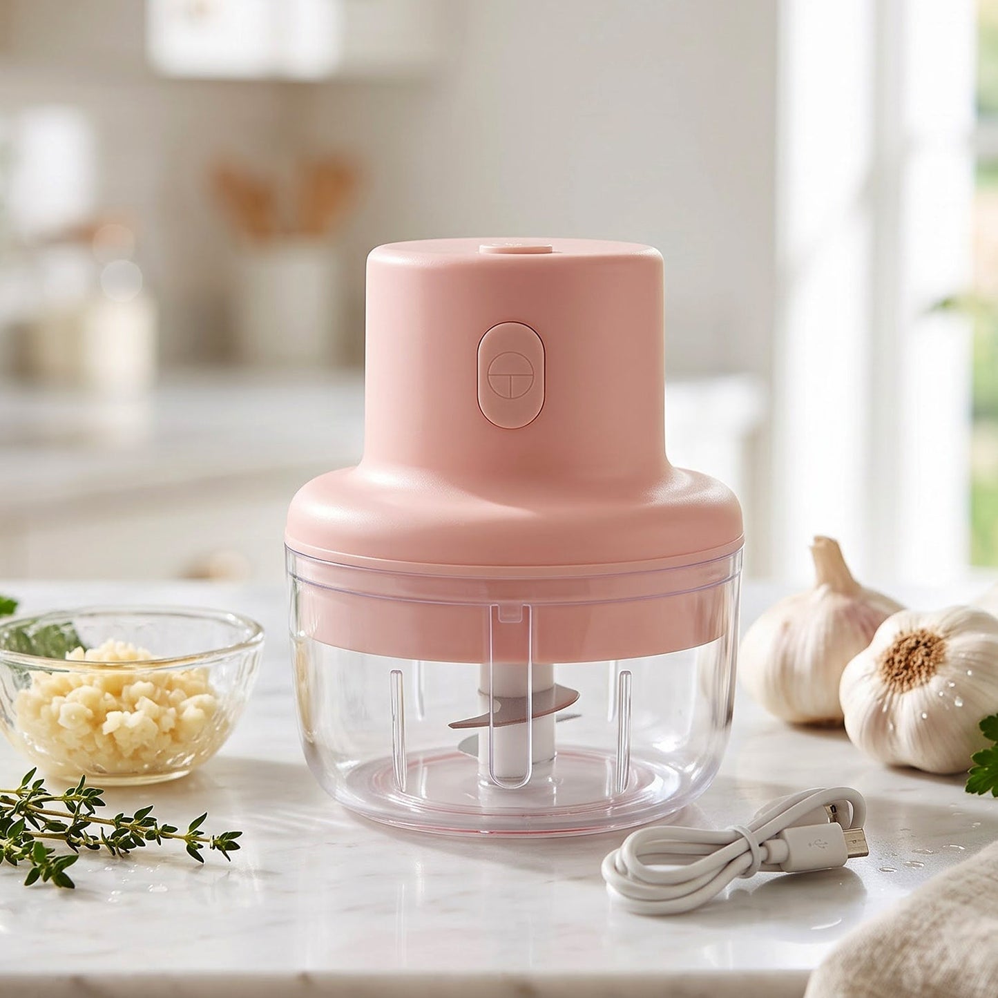Usb Rechargeable Mini Garlic Chopper 100ml With Dual Blade And Clear Bowl (1 Pc)