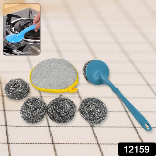 Wukusy 6-in-1 kitchen cleaning set with stainless steel scrubber and various tools for versatile kitchen cleaning tasks