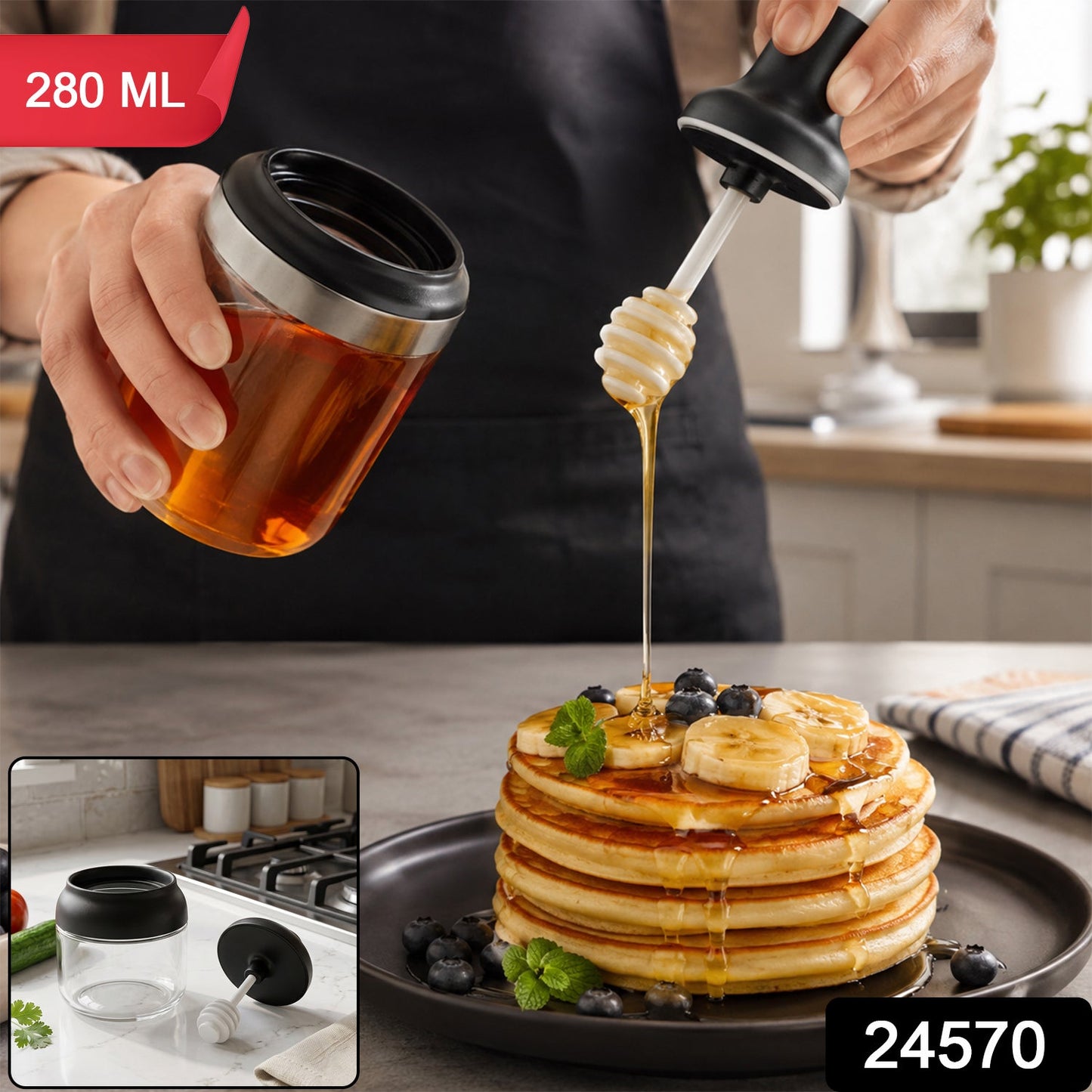 Round Glass Jar Oil And Honey Dispenser With Dipper 280 Ml For Home Kitchen (1 Pc)