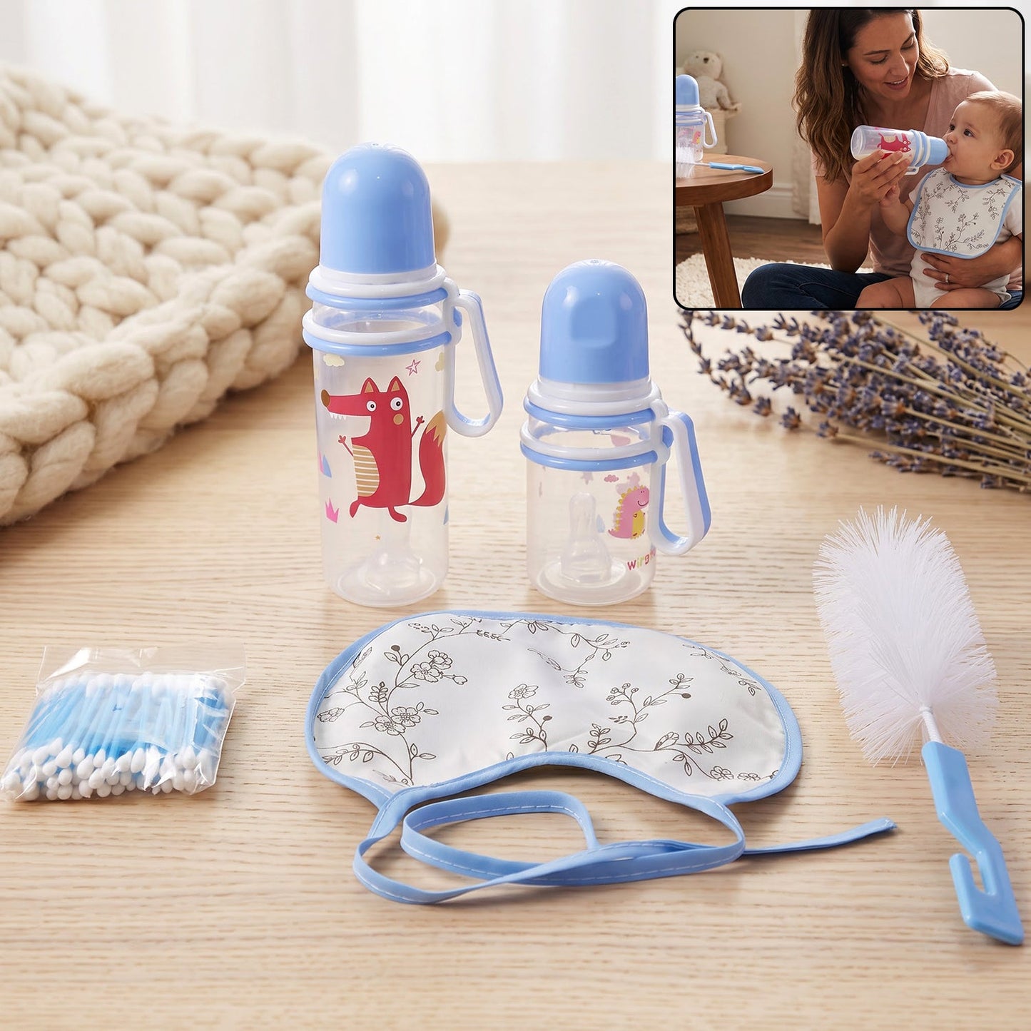 Plastic Baby Feeding Bottle Set With Bib Brush And Cotton Buds (1 Set)