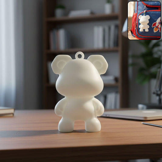 Wukusy cute bear shape mini figure keychain hanging from a keyring, detailed plush design, perfect as a small decorative accessory