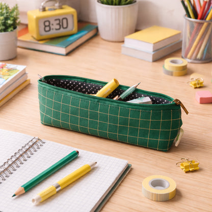 Green grid printed zipper pencil pouch by Wukusy, featuring multiple compartments for organizing pens, pencils, and stationery.