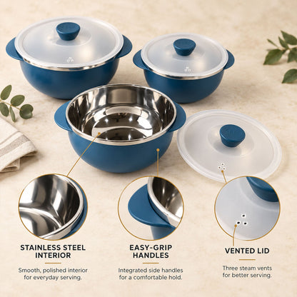 Wukusy Apex Hot and Serve Serving Bowl Set with Lids, steel inner casseroles, 3-piece kitchen serving and storage bowls