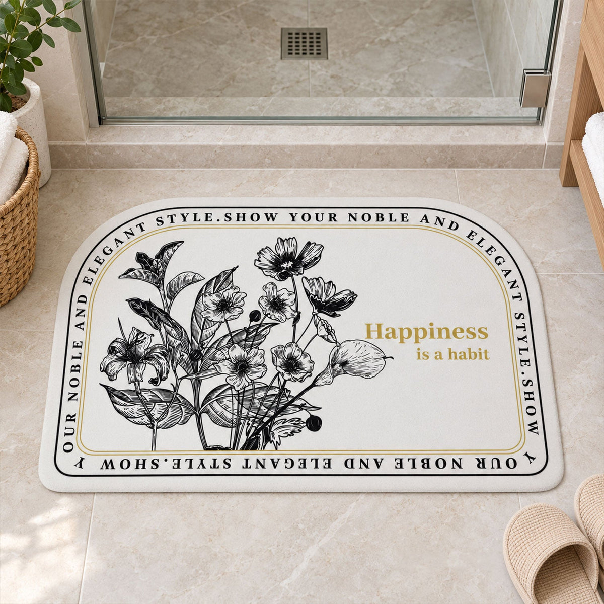 Wukusy absorbent bathroom mat featuring a half-round shape with botanical quote print, 50x80 cm, soft and stylish for bathroom decor.
