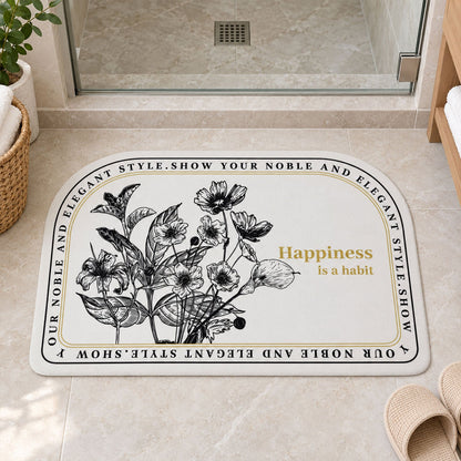 Wukusy absorbent bathroom mat featuring a half-round shape with botanical quote print, 50x80 cm, soft and stylish for bathroom decor.