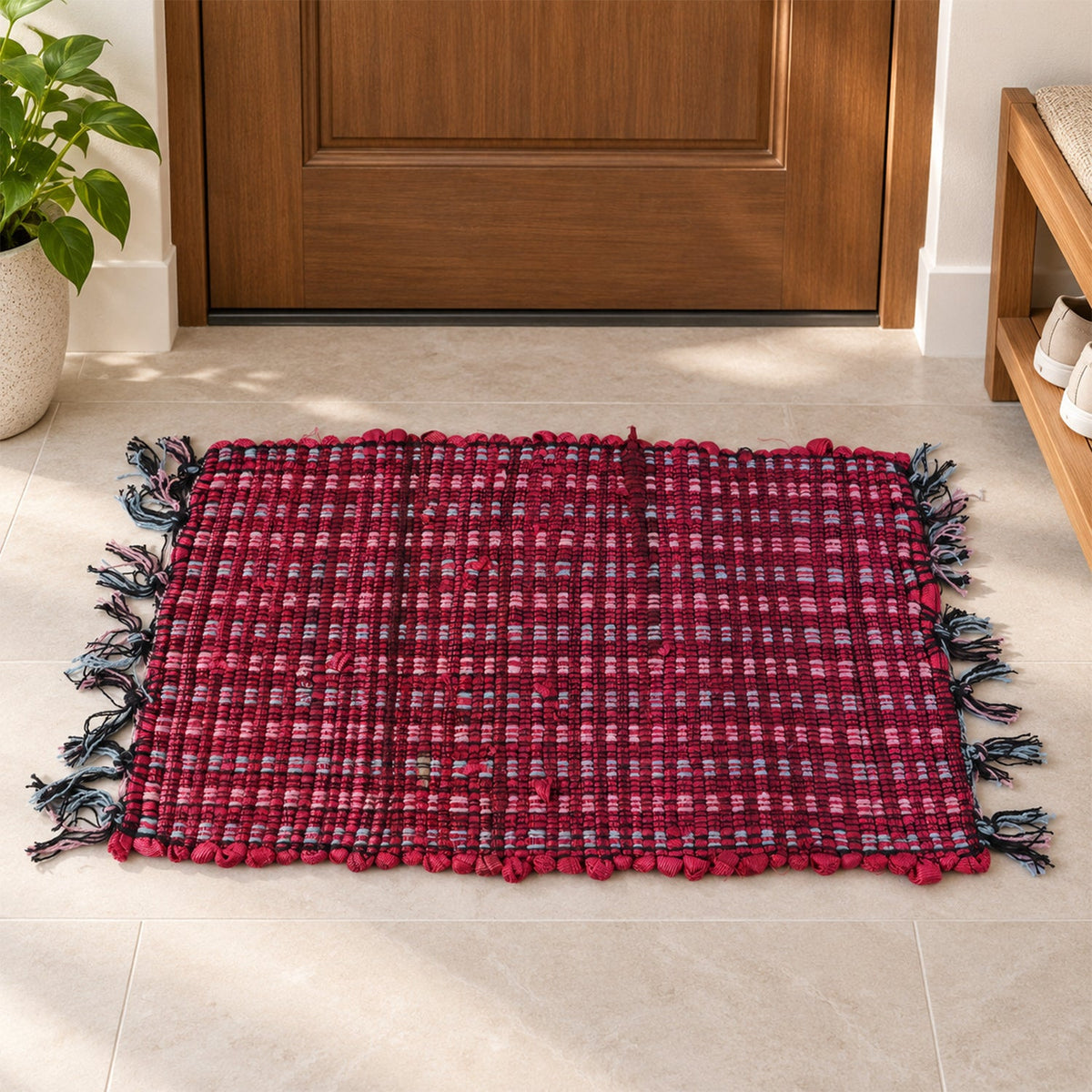 Decorative Woven Floor Mat With Check Pattern And Tassel Fringe For Doors (1 Pc)
