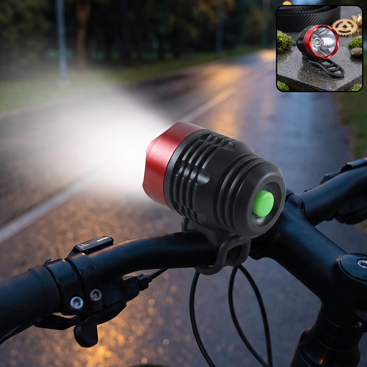 Wukusy compact bicycle headlight with handlebar mount, ideal for night cycling safety, shown attached to a bike handlebar.