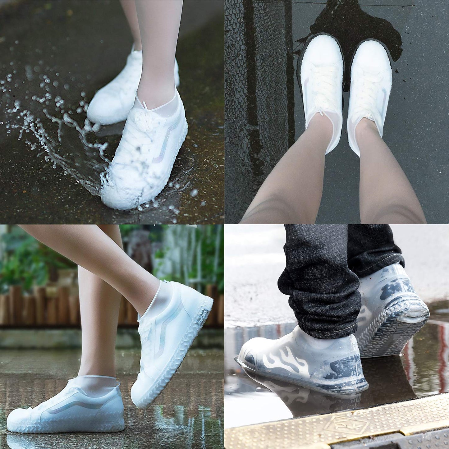 Pair of white waterproof silicone shoe covers by Wukusy, medium size, protecting footwear from rain and moisture.