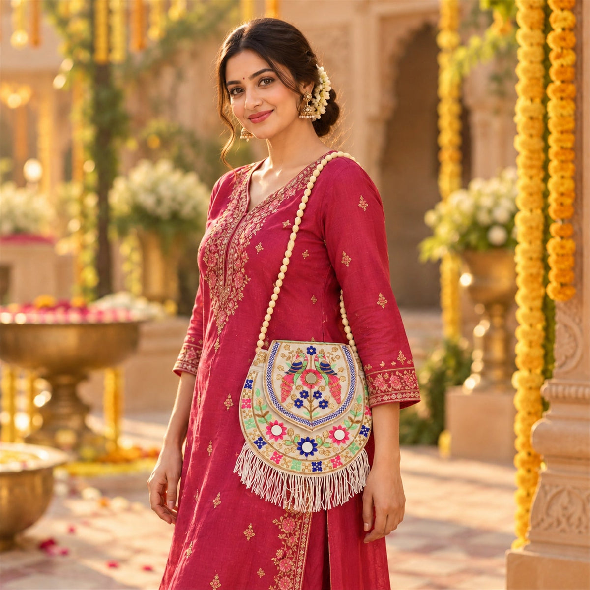 Traditional peacock embroidered fringe jute purse by Wukusy, 24x24 cm sling bag with intricate embroidery and decorative fringe details.