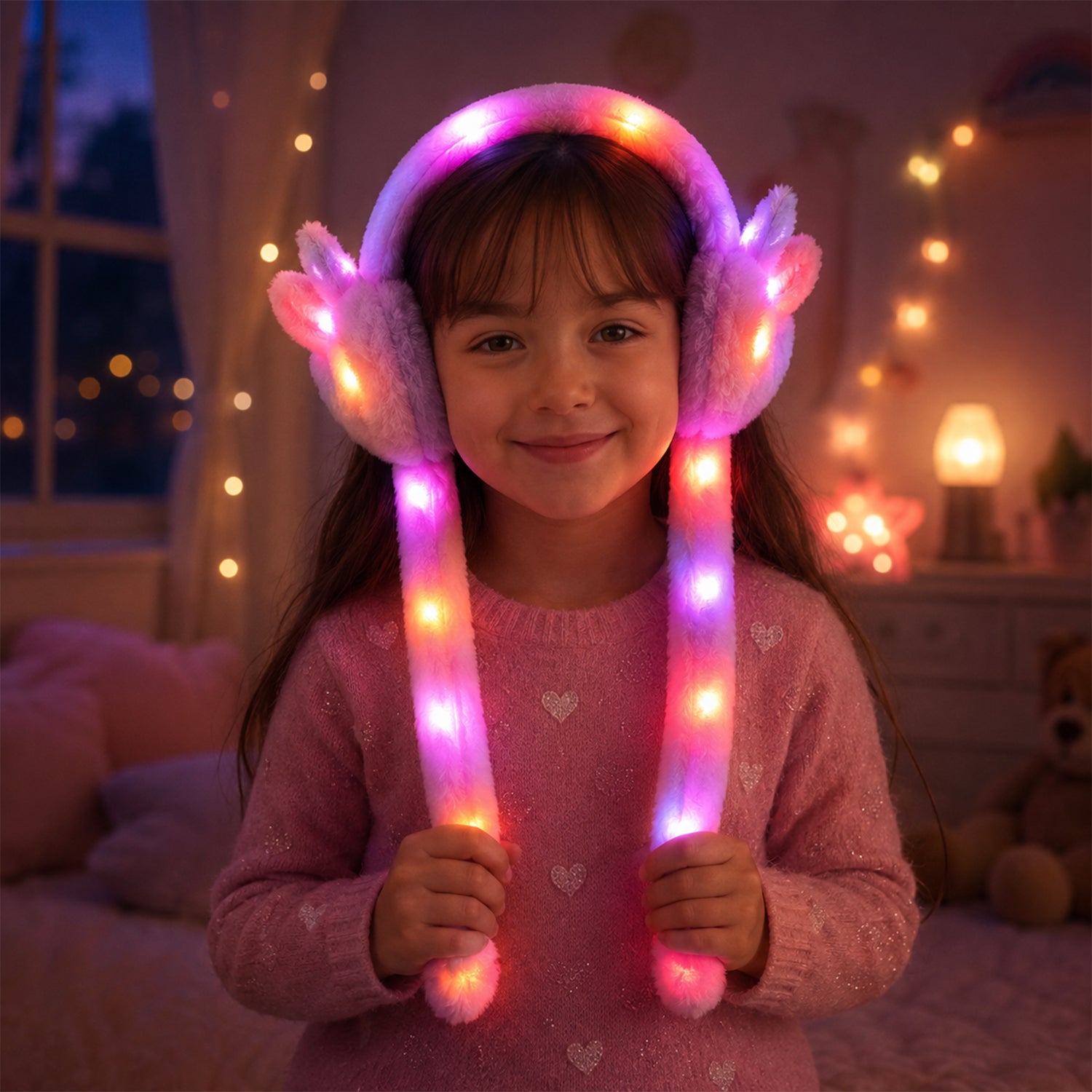 Led Light Soft Plush Winter Earmuffs With Cute Bunny Ears  Long Tails (1 Piece)