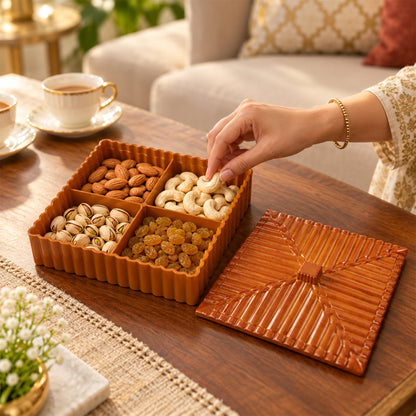 Wukusy dry fruit snack storage box with four compartments and ribbed lid, ideal for organizing dried fruits and snacks.