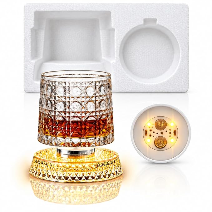 Dropdash 360° spinning whiskey glass with light, featuring a religious and spiritual design, showcasing the illuminated glass from multiple angles.
