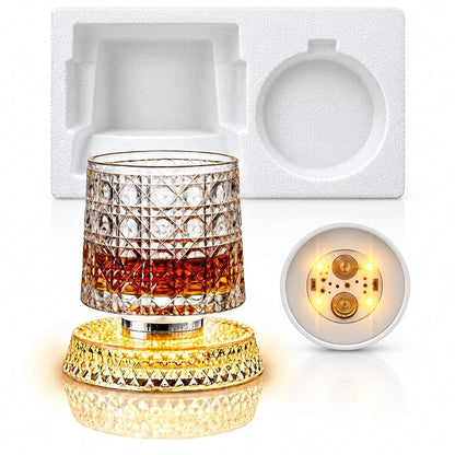 Dropdash 360° spinning whiskey glass with light, featuring a religious and spiritual design, showcasing the illuminated glass from multiple angles.
