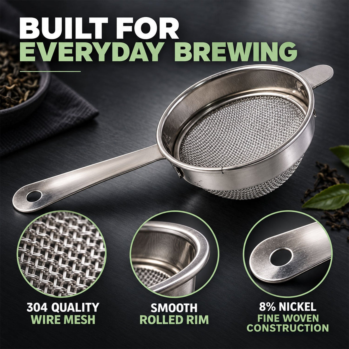 Wukusy Apex stainless steel tea strainer No 3 with long handle and fine mesh for precise tea brewing.