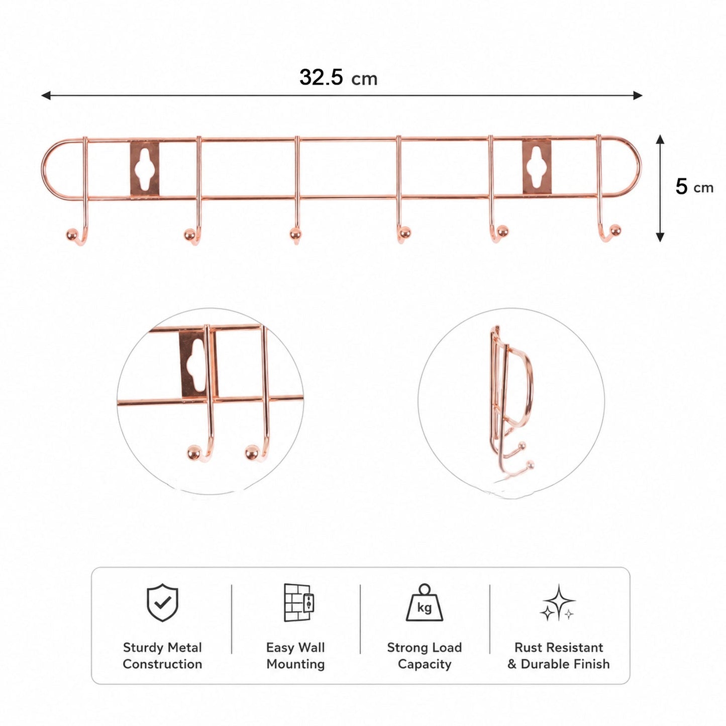 Rose Gold Metal Wall Mounted 6 Hook Rail Rack For Towels Utensils Coats (1 Pc)