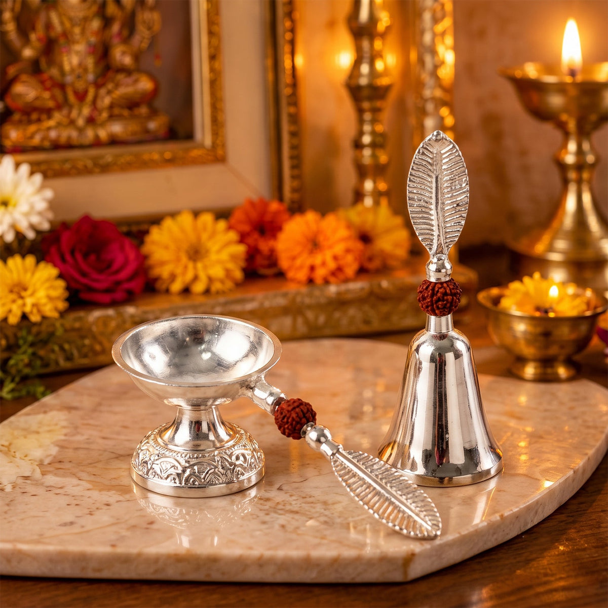 Silver Finish Pooja Bell And Diya Set With Leaf Handles And Box (1 Set)