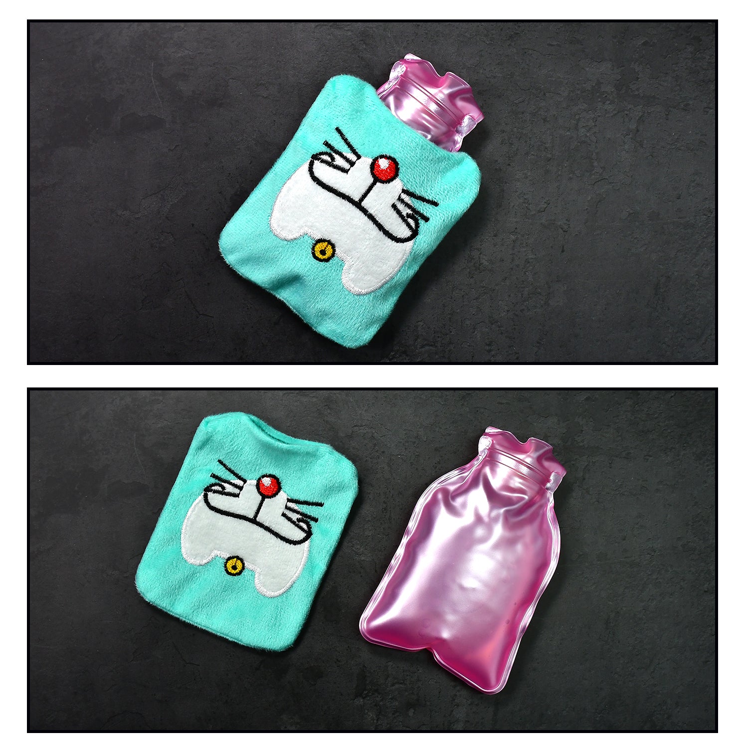 Wukusy Doremon cartoon small hot water bag with cover, used for pain relief, neck, shoulder, hand, feet warmth, and menstrual cramps