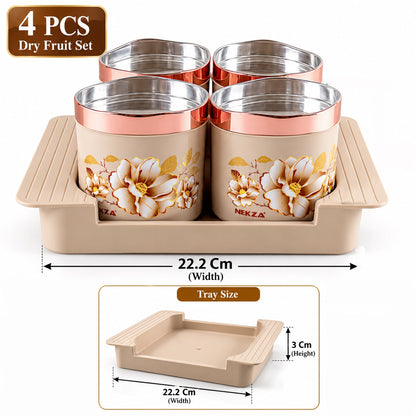 Set of four golden dry fruit containers with stainless steel bowls and serving tray, ideal for elegant food storage and presentation.