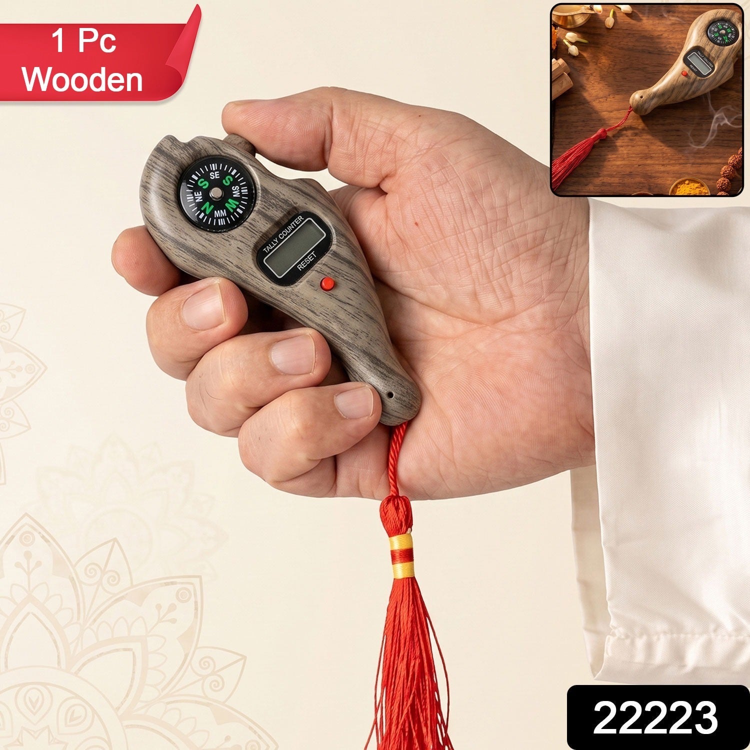 Wukusy wooden digital tasbih counter with LCD display, handheld mantra jaap counter, compass, and ergonomic design.
