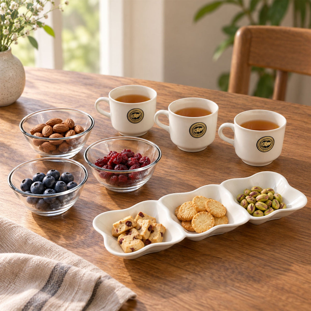 Wukusy 7-piece snack serving gift set with cups, bowls, and divided platter arranged on a table for serving snacks.