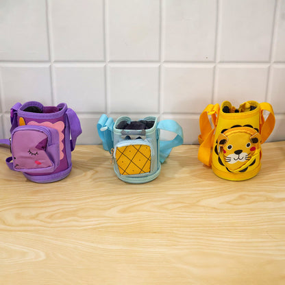 Kids Water Bottle Carrier Sling Pouch Bag With Strap Cute Animal Design (1 Pc)