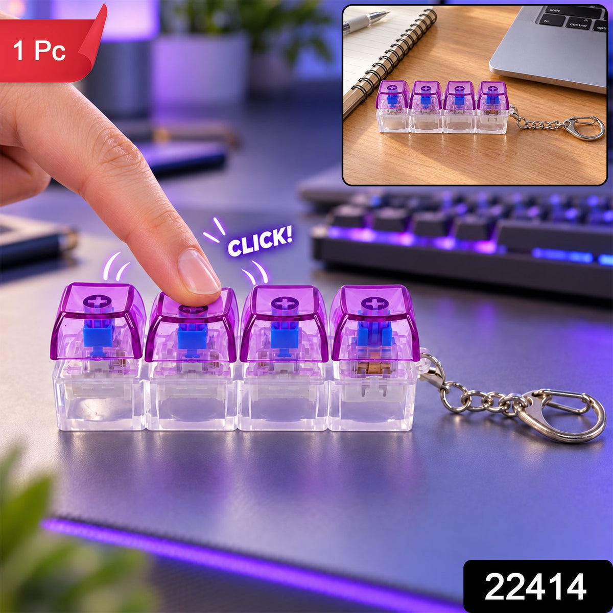 Keyboard Switch Clicky Keychain With Four Keys And Metal Clasp For Bags (1 Pc)