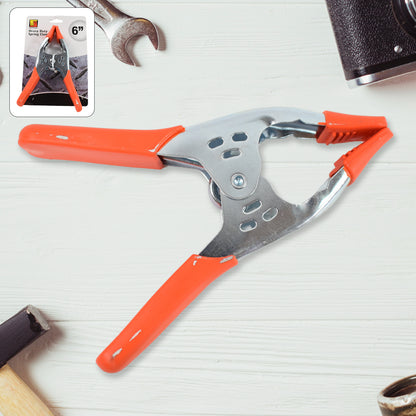 Heavy duty 6-inch metal spring clamp by Wukusy, showing the clamp's strong spring mechanism and durable construction.