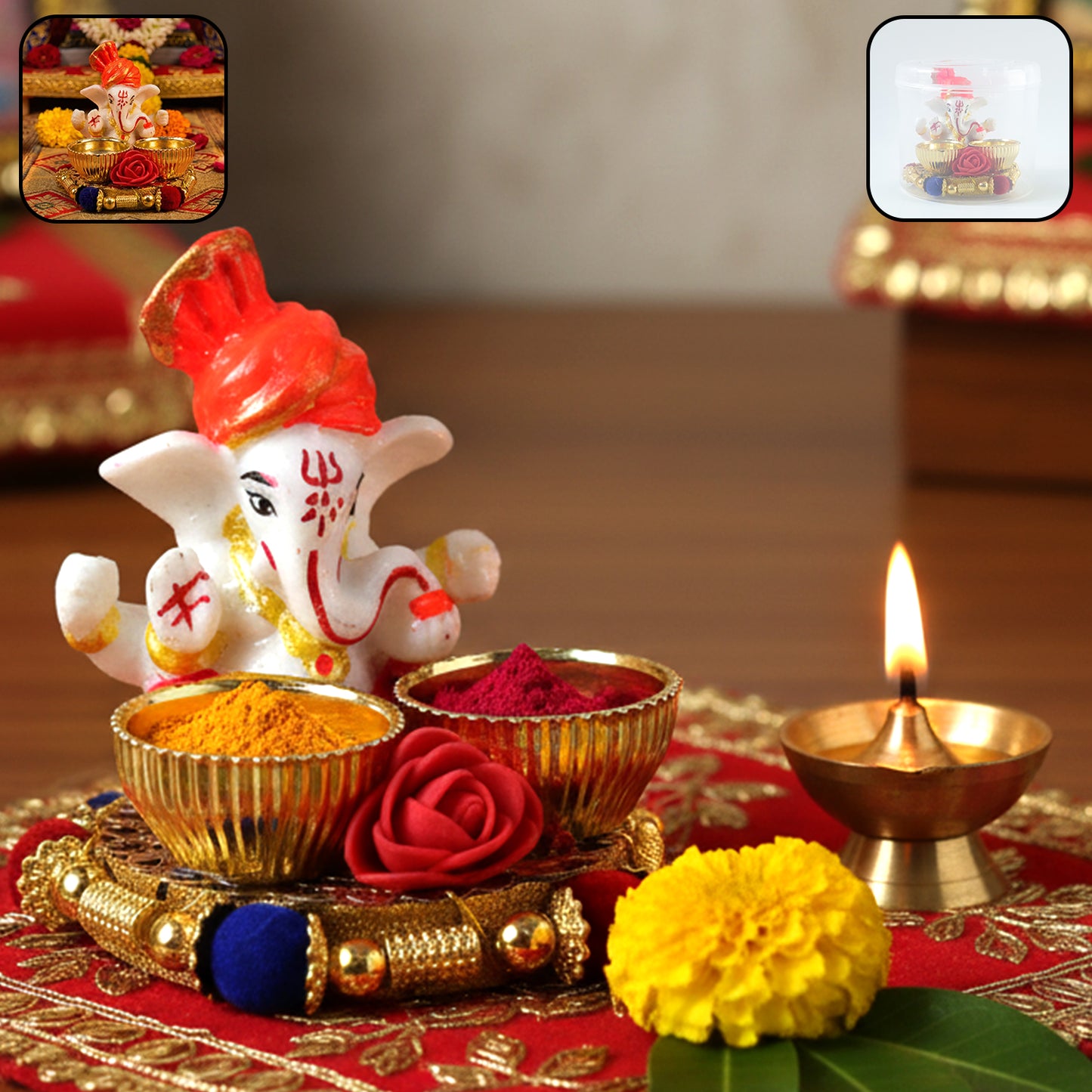 Decorative Lord Ganesha Pooja Thali set by Wukusy, featuring intricate designs suitable for religious rituals and offerings.