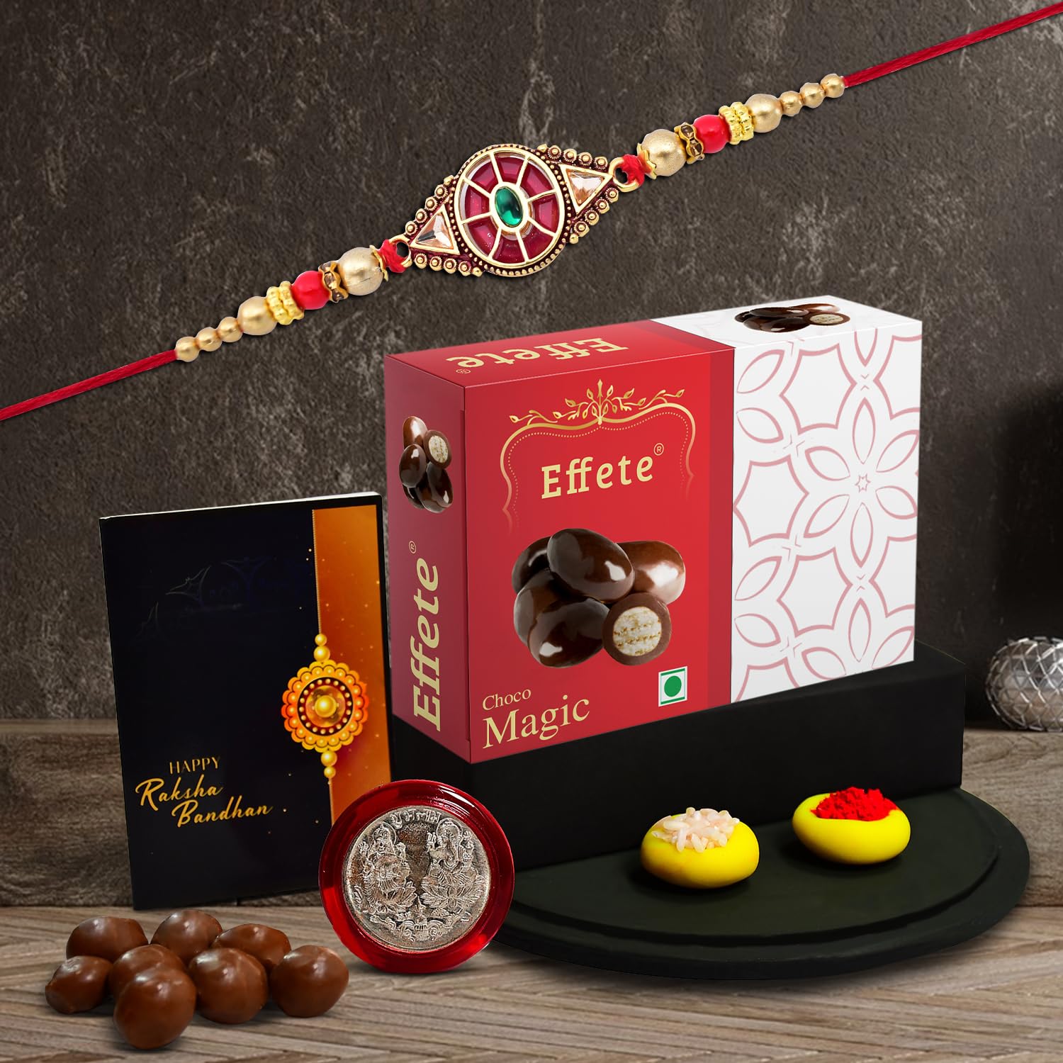 Wukusy Chocolate Magic Rakhi for brother, 32g with a chocolate-themed design and gift combo, set of 1 rakhi.