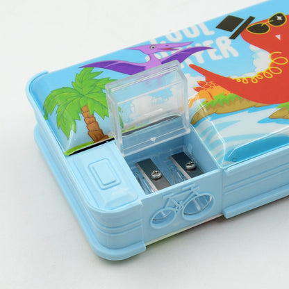 Wukusy multipurpose plastic compass box with two compartments, cartoon print, used as a school pencil case and storage organizer for kids