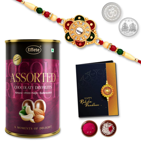 Multicolor bracelet and Rakhi with almond peanut butter, scotch chocolate combo gift set for brother, stylish bracelets for men by Wukusy.