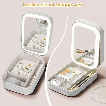 Travel Jewelry Case and Makeup Bag with LED Mirror