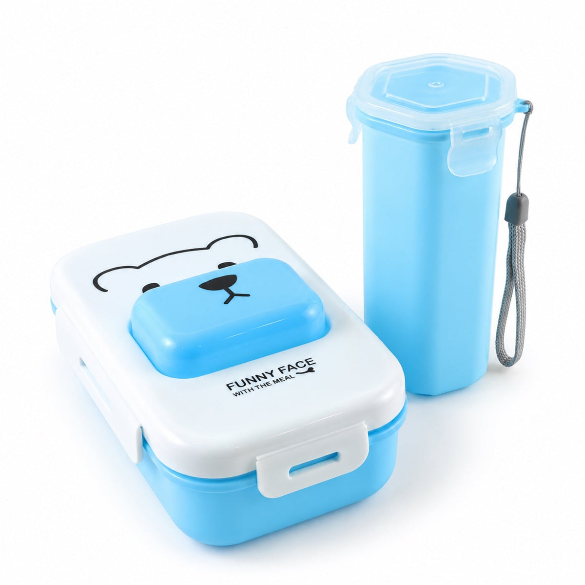 Kids lunch box set by Wukusy with a container, water bottle, and spoon for school tiffin, featuring colorful, child-friendly design.