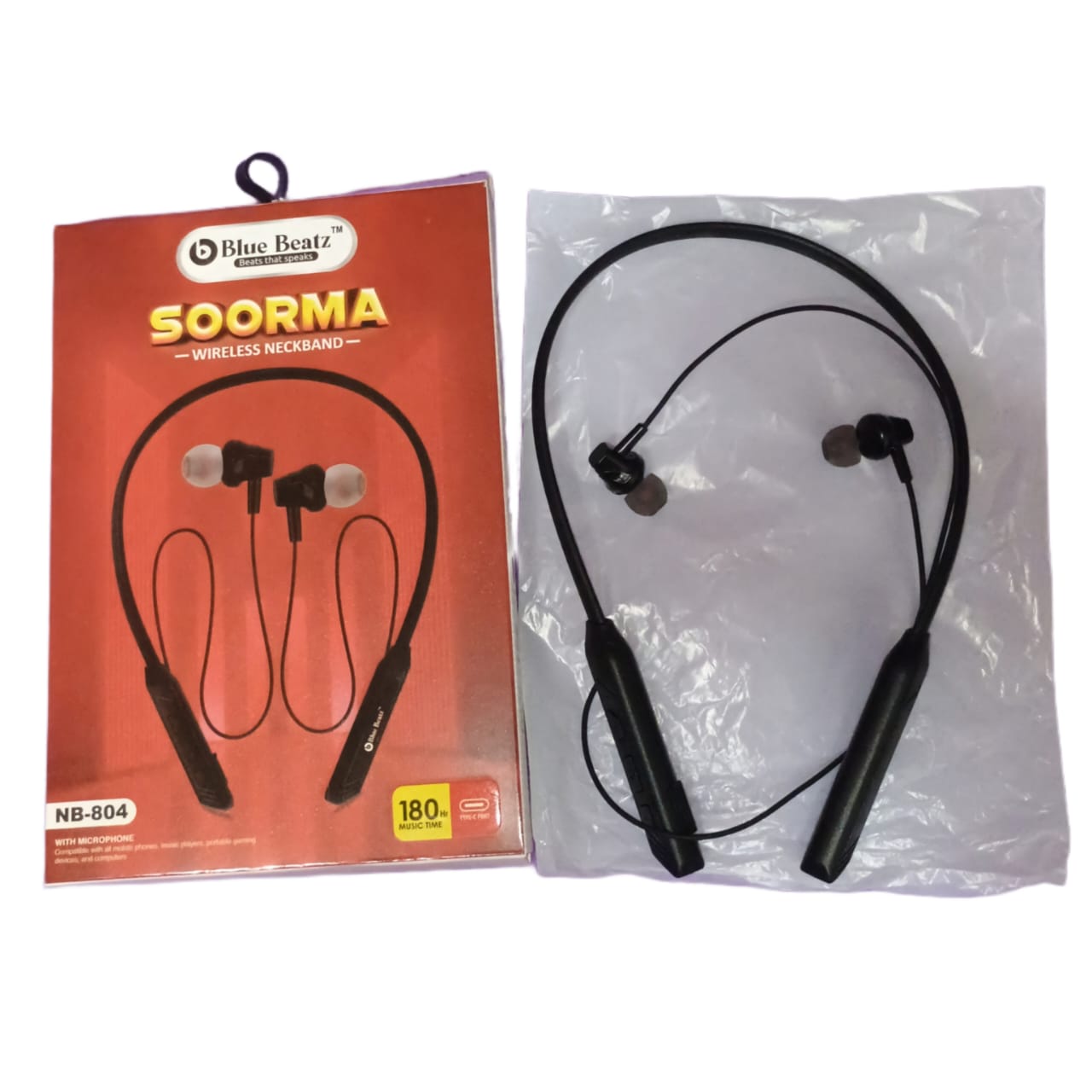 Black Charkee NB-804 wireless neckband Bluetooth earphones with in-the-ear design and music controls, up to 20 hours of playback.