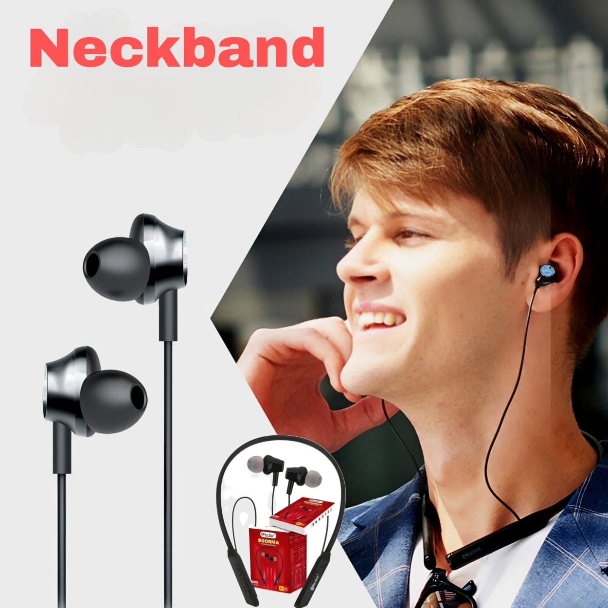 Black Charkee NB-804 wireless neckband Bluetooth headphones with in-ear design and music controls.