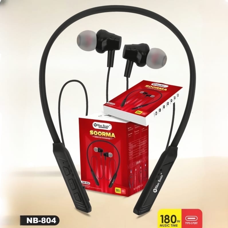Black Charkee NB-804 wireless neckband Bluetooth earphones with in-ear design and music controls, up to 20 hours playback.