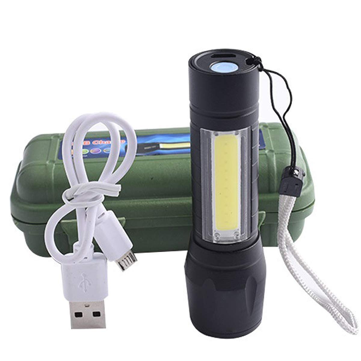 7878 Charkee 3W 3-in-1 rechargeable torch light for camping, hiking, and fishing with USB charging and protective box.