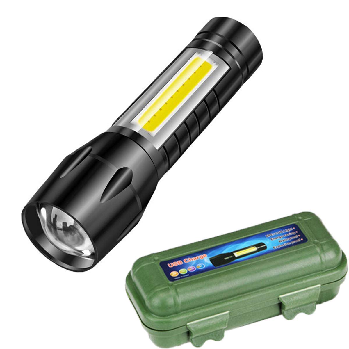 7878 Charkee 3W 3-in-1 rechargeable torch light for camping, hiking, and fishing, with USB charging and included box.