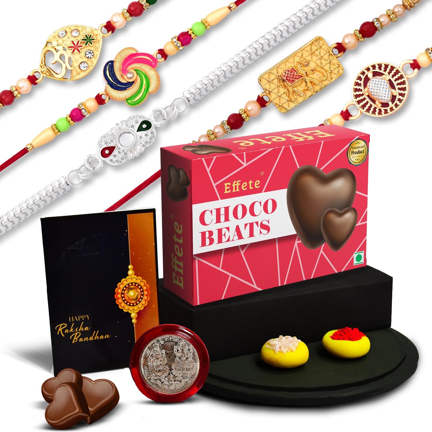 Wukusy Rakhi combo gift set with five colorful bracelet Rakhis, chocolates, and greeting card for brothers and sisters.