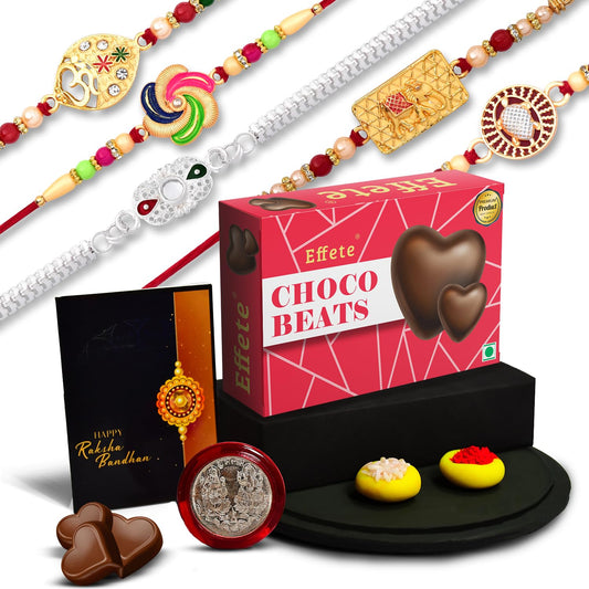 Wukusy Rakhi combo gift set with five colorful bracelet Rakhis, chocolates, and greeting card for brothers and sisters.