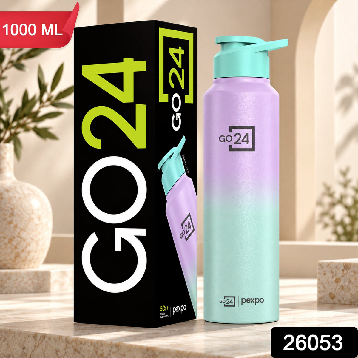 Wukusy stainless steel water bottle with carry loop, 1000ml capacity, ideal for office and travel, shiny silver finish.