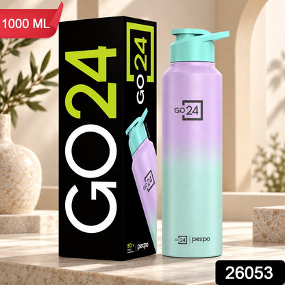Wukusy stainless steel water bottle with carry loop, 1000ml capacity, ideal for office and travel, shiny silver finish.