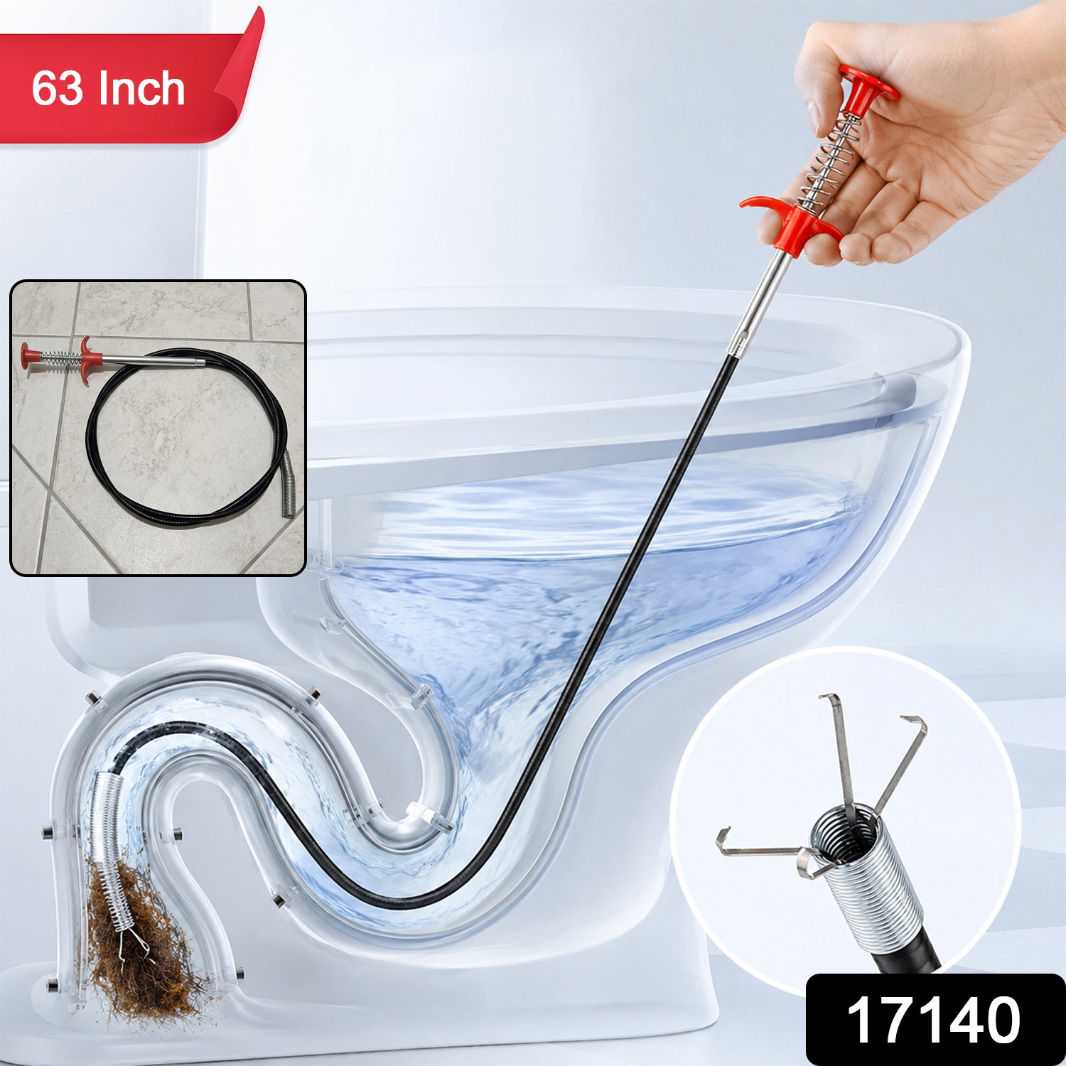 Wukusy premium spring drain dredging tool with 63-inch sink cleaner claw grabber for clog removal and pipe cleaning.