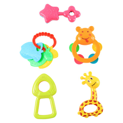 Set of five colorful plastic baby rattle toys from Wukusy, featuring various shapes and bright designs for infants.