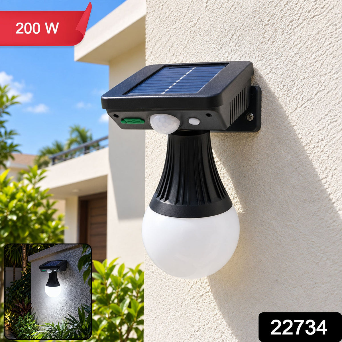 Wukusy solar motion sensor wall light with frosted bulb illuminating porch or garden, 200W outdoor security lighting.