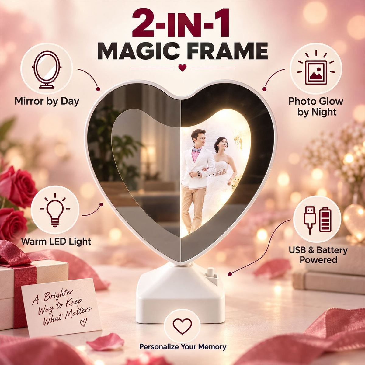 Heart-shaped LED mirror photo frame with warm light, perfect for tabletop home decor, by Wukusy.