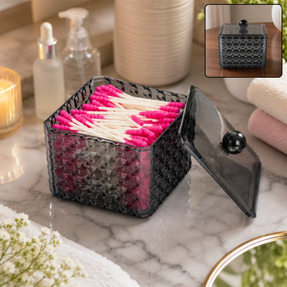 Plastic Cotton Swab Storage Box With Lid For Bathroom Vanity And Desk Use (1 Pc)