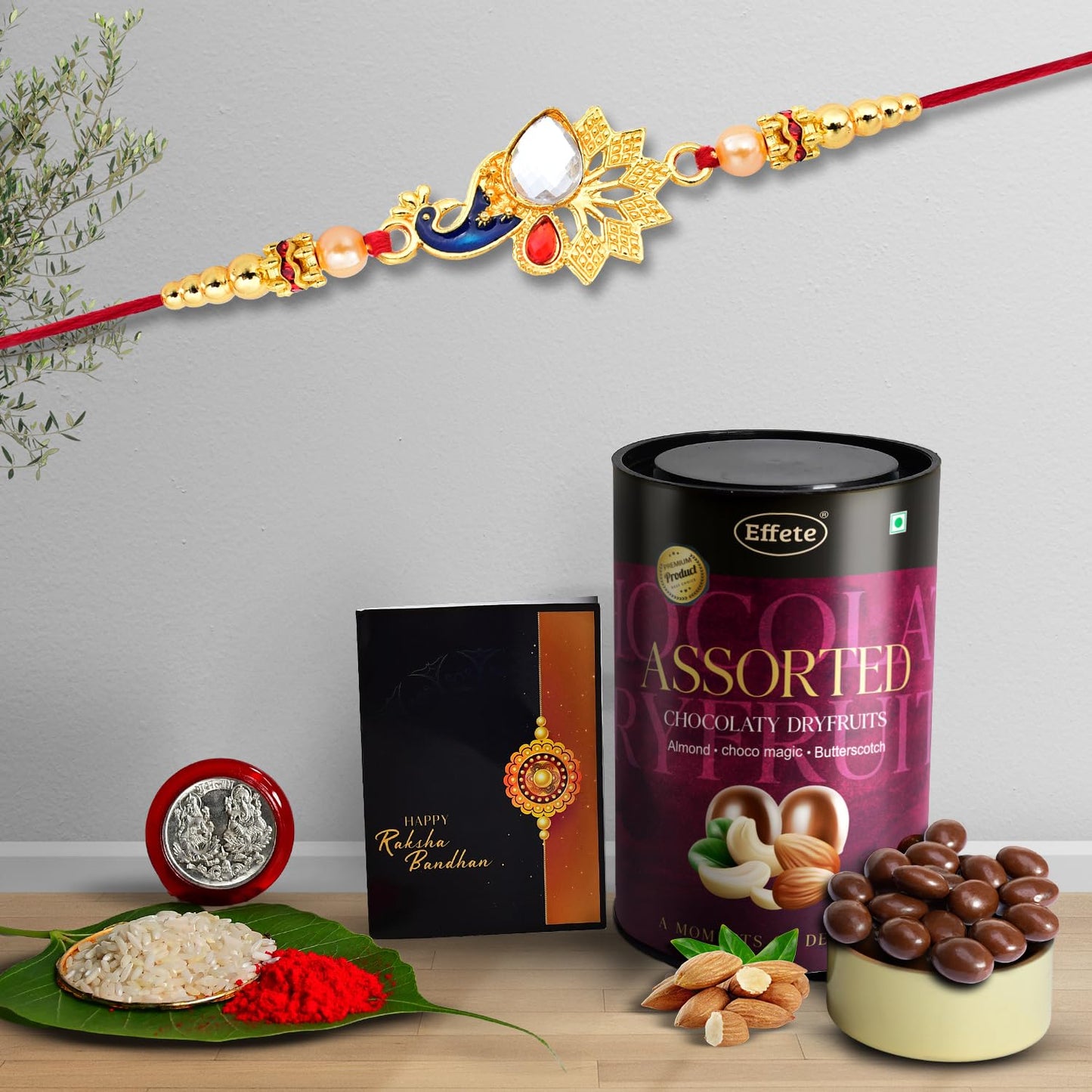 Wukusy chocolate dryfruits Rakhi for brother, featuring an assorted chocolate Rakhi with gift packaging, 96g combo set.