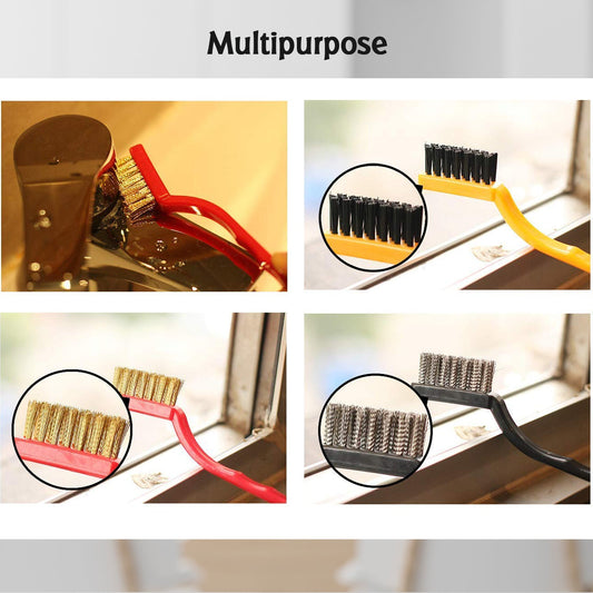 Wukusy 3-piece mini wire brush set with brass, nylon, and stainless steel bristles for cleaning stove, tiles, rust, and tools.